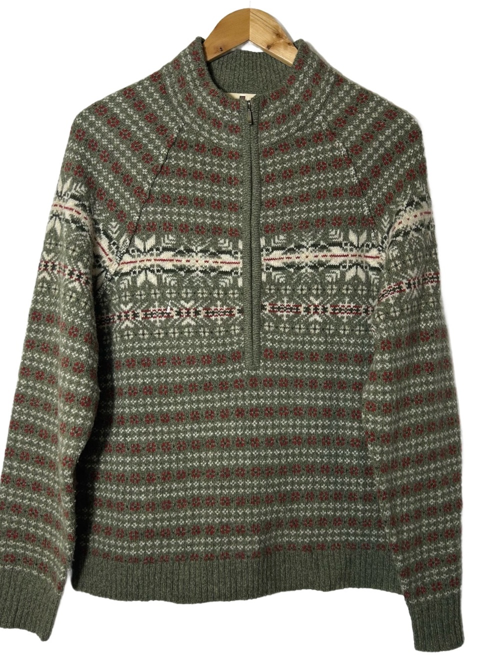 Woolrich Sweater 100% Wool Olive Fair Isle Half Zip-Up Red Cream Vintage